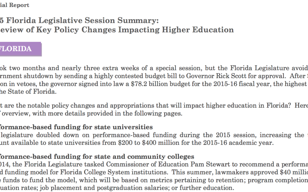 2015 Florida Legislative Session Summary: A Review of Key Policy Changes Impacting Higher Education
