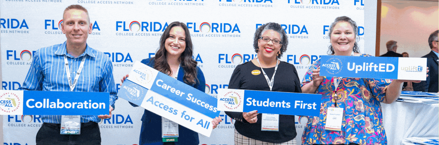 2024 Talent Strong Florida - Access for All attendees pose with message signs in front of a logo background at the Hilton Orlando annual summit